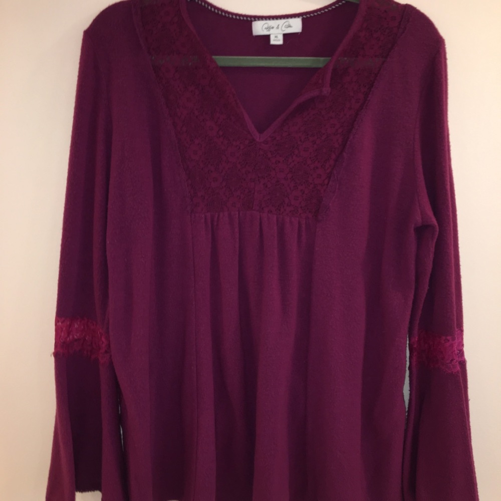 purple blouse with wide sleeves and lace